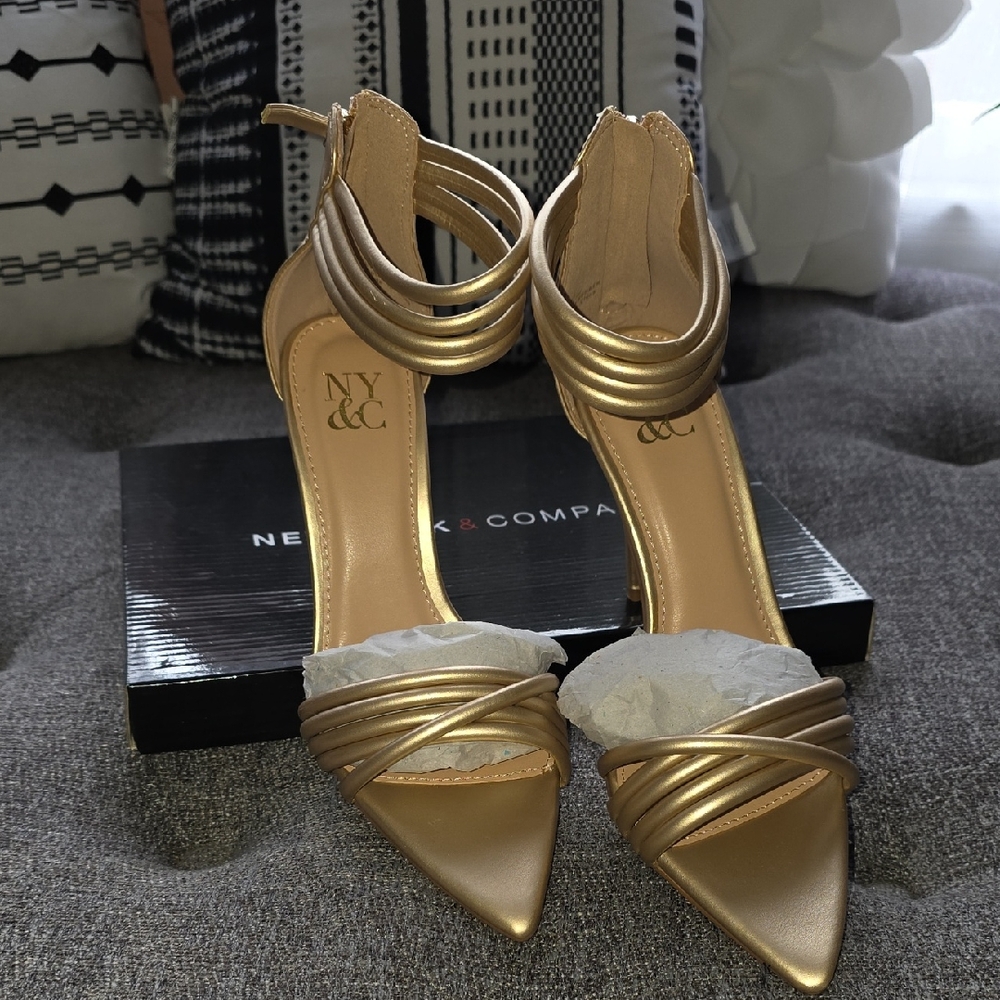 New York & Company Metallic Gold Strappy Heels